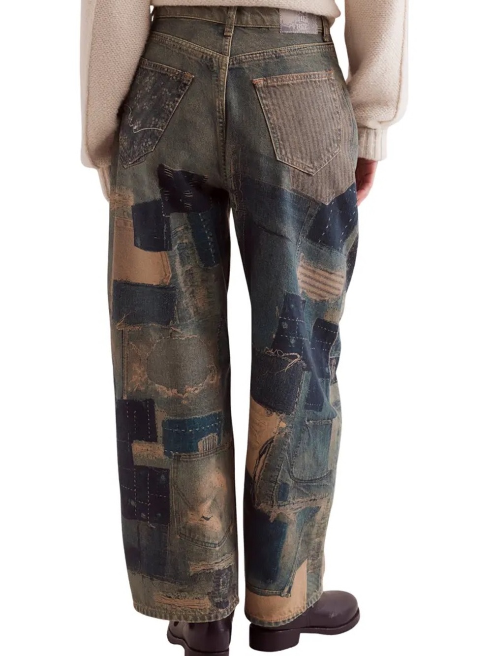 Free People Patchwork Straight-Leg Jeans in Olive, Tan, Navy - Picture 2 of 5